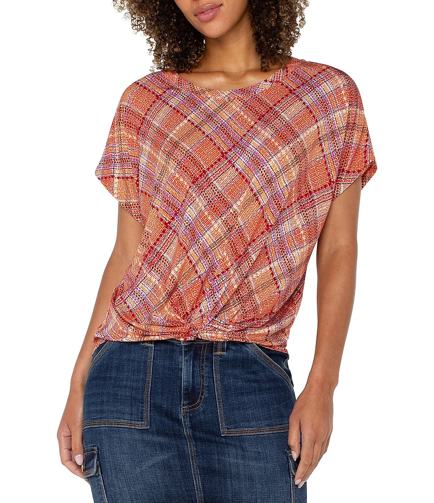 Liverpool Los Angeles Petite Size Multi Plaid Crew Neck Short Sleeve Front Twist Top