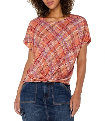 Liverpool Los Angeles Petite Size Multi Plaid Crew Neck Short Sleeve Front Twist Top