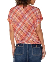 Liverpool Los Angeles Petite Size Multi Plaid Crew Neck Short Sleeve Front Twist Top