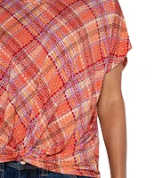 Liverpool Los Angeles Petite Size Multi Plaid Crew Neck Short Sleeve Front Twist Top