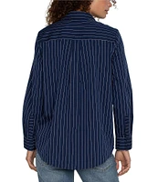 Liverpool Los Angeles Petite Size Pinstripe Cotton Poplin Collared Long Sleeve Button-Front Shirt