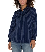 Liverpool Los Angeles Petite Size Pinstripe Cotton Poplin Collared Long Sleeve Button-Front Shirt