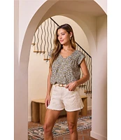 Liverpool Los Angeles Petite Size Printed V-Neck Short Sleeve Top