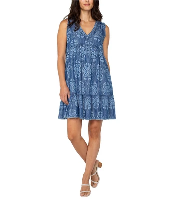 Liverpool Los Angeles Petite Size Printed V-Neck Sleeveless Ruffle Fray Tiered Hem Dress