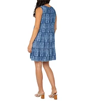 Liverpool Los Angeles Petite Size Printed V-Neck Sleeveless Ruffle Fray Tiered Hem Dress