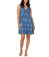 Liverpool Los Angeles Petite Size Printed V-Neck Sleeveless Ruffle Fray Tiered Hem Dress