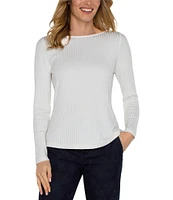 Liverpool Los Angeles Petite Size Ribbed Knit Boat Neckline Long Sleeve Top