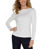 Liverpool Los Angeles Petite Size Ribbed Knit Boat Neckline Long Sleeve Top