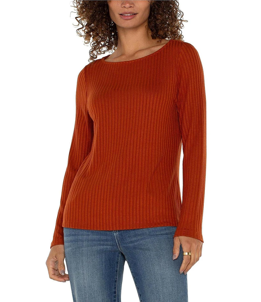 Liverpool Los Angeles Petite Size Ribbed Knit Boat Neckline Long Sleeve Top