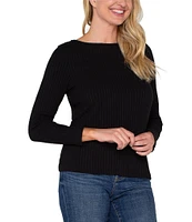 Liverpool Los Angeles Petite Size Ribbed Knit Boat Neckline Long Sleeve Top