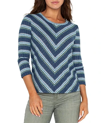 Liverpool Los Angeles Petite Size Stretch Ribbed Knit Striped Scoop Neckline 3/4 Sleeve Top