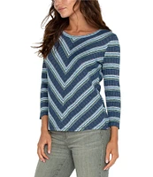 Liverpool Los Angeles Petite Size Stretch Ribbed Knit Striped Scoop Neckline 3/4 Sleeve Top