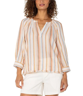 Liverpool Los Angeles Petite Size Stripe Split V-Neck 3/4 Sleeve Frayed Hem Top