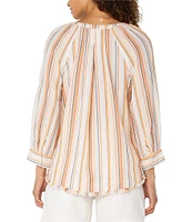 Liverpool Los Angeles Petite Size Stripe Split V-Neck 3/4 Sleeve Frayed Hem Top