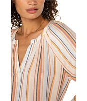 Liverpool Los Angeles Petite Size Stripe Split V-Neck 3/4 Sleeve Frayed Hem Top