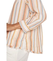 Liverpool Los Angeles Petite Size Stripe Split V-Neck 3/4 Sleeve Frayed Hem Top