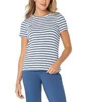 Liverpool Los Angeles Petite Size Variegated Stripe Knit Crew Neck Short Sleeve Slim Fit Tee