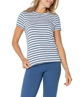 Liverpool Los Angeles Petite Size Variegated Stripe Knit Crew Neck Short Sleeve Slim Fit Tee