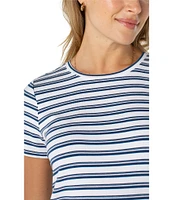 Liverpool Los Angeles Petite Size Variegated Stripe Knit Crew Neck Short Sleeve Slim Fit Tee