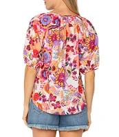 Liverpool Los Angeles Petite Size Woven Floral Split V-Neck Short Sleeve Button Front Blouse