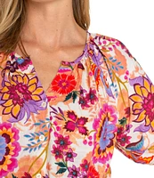 Liverpool Los Angeles Petite Size Woven Floral Split V-Neck Short Sleeve Button Front Blouse