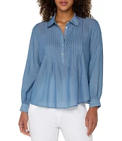 Liverpool Los Angeles Petite Size Woven Point Collar Long Sleeve Pintuck Detail Blouse