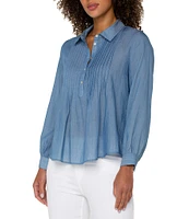 Liverpool Los Angeles Petite Size Woven Point Collar Long Sleeve Pintuck Detail Blouse