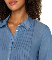 Liverpool Los Angeles Petite Size Woven Point Collar Long Sleeve Pintuck Detail Blouse