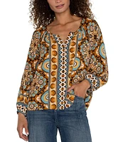 Liverpool Los Angeles Petite Size Woven Printed Split V-Neck Long Sleeve Button-Front Peasant Blouse