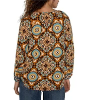 Liverpool Los Angeles Petite Size Woven Printed Split V-Neck Long Sleeve Button-Front Peasant Blouse