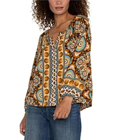 Liverpool Los Angeles Petite Size Woven Printed Split V-Neck Long Sleeve Button-Front Peasant Blouse