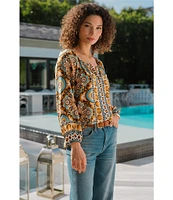 Liverpool Los Angeles Petite Size Woven Printed Split V-Neck Long Sleeve Button-Front Peasant Blouse