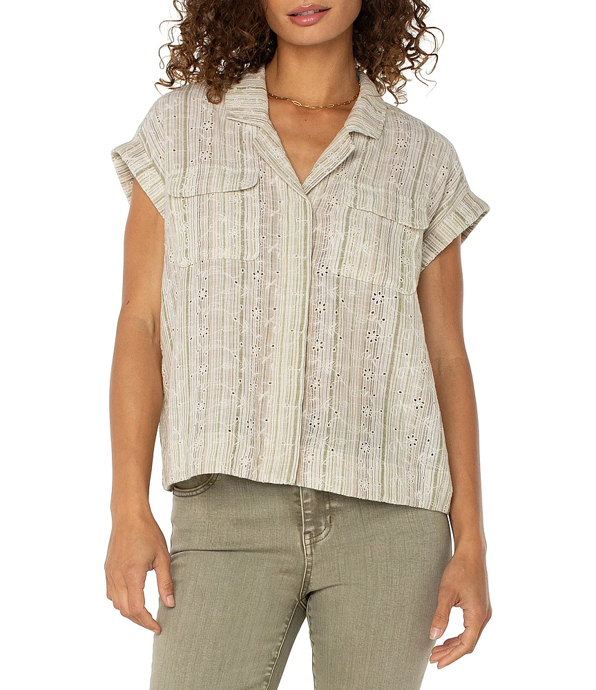 Liverpool Los Angeles Petite Size Yarn-Dyed Stripe Notch Collar Rolled Cap Sleeve Camp Shirt