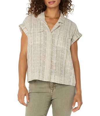 Liverpool Los Angeles Petite Size Yarn-Dyed Stripe Notch Collar Rolled Cap Sleeve Camp Shirt