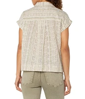 Liverpool Los Angeles Petite Size Yarn-Dyed Stripe Notch Collar Rolled Cap Sleeve Camp Shirt