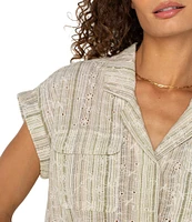 Liverpool Los Angeles Petite Size Yarn-Dyed Stripe Notch Collar Rolled Cap Sleeve Camp Shirt