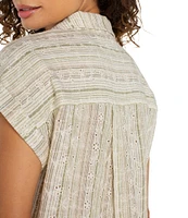 Liverpool Los Angeles Petite Size Yarn-Dyed Stripe Notch Collar Rolled Cap Sleeve Camp Shirt