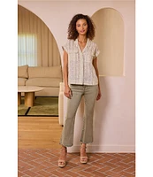 Liverpool Los Angeles Petite Size Yarn-Dyed Stripe Notch Collar Rolled Cap Sleeve Camp Shirt