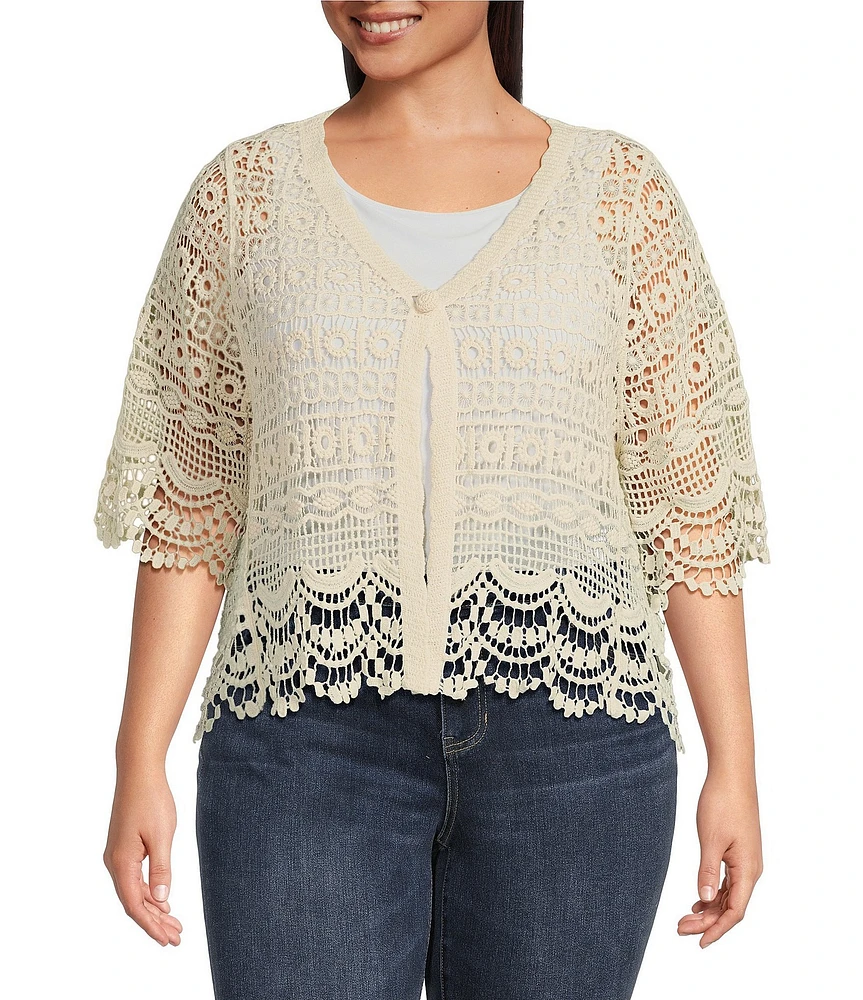 Liverpool Los Angeles Plus Size Lace-Trimmed V-Neck Short Sleeve Bolero Topper Cardigan