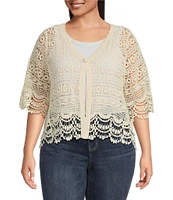 Liverpool Los Angeles Plus Size Lace-Trimmed V-Neck Short Sleeve Bolero Topper Cardigan