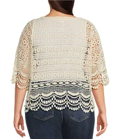 Liverpool Los Angeles Plus Size Lace-Trimmed V-Neck Short Sleeve Bolero Topper Cardigan