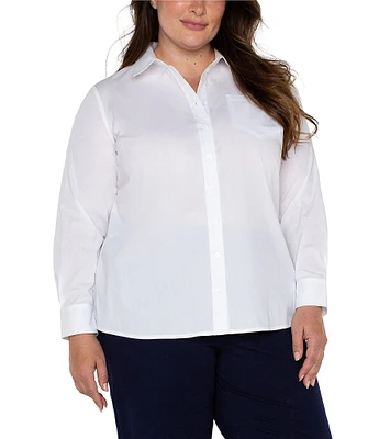 Liverpool Los Angeles Plus Size Cotton Poplin Collared Long Sleeve Button-Front Shirt