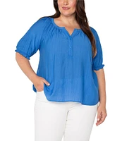 Liverpool Los Angeles Plus Size Crinkle Woven Split V-Neck Short Sleeve Blouse