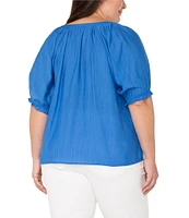 Liverpool Los Angeles Plus Size Crinkle Woven Split V-Neck Short Sleeve Blouse