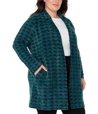 Liverpool Los Angeles Plus Size Feather Yarn Houndstooth Print Notch Lapel Long Sleeve Side Pocket Coatigan