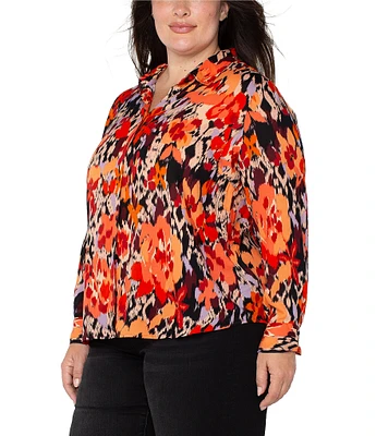 Liverpool Los Angeles Plus Size Floral Collar Long Sleeve Button Down Blouse