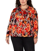 Liverpool Los Angeles Plus Size Floral Collar Long Sleeve Button Down Blouse