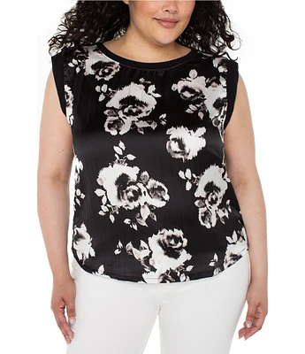 Liverpool Los Angeles Plus Size Floral Crew Neck Cap Sleeve Top