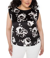 Liverpool Los Angeles Plus Size Floral Crew Neck Cap Sleeve Top
