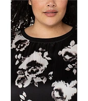 Liverpool Los Angeles Plus Size Floral Crew Neck Cap Sleeve Top